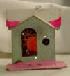 Cardboard house, vintage, also can hang as an ornament, light green and pink